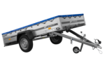 EINACHS-TIEFLADER GARDEN TRAILER 264 KIPP MIT STÜTZRAD, QUERSTREBEN UND BLAUER FLACHPLANE