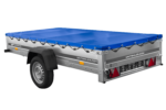 EINACHS-TIEFLADER GARDEN TRAILER 264 KIPP MIT STÜTZRAD, QUERSTREBEN UND BLAUER FLACHPLANE – Image 6