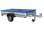 EINACHS-TIEFLADER GARDEN TRAILER 264 KIPP MIT STÜTZRAD, QUERSTREBEN UND BLAUER FLACHPLANE – Image 3